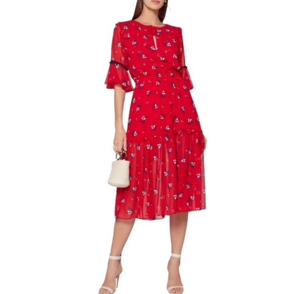 Misa Los Angeles Dresses & Skirts - MISA‎ LOS ANGELES Raquel Red Floral Two Layer Semi Sheer Midi Dress Sz S